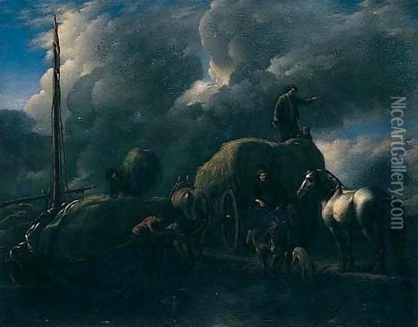 'Le Port Au Foin' Harvesters Unloading Hay Into A Barge Beside A River Oil Painting - Philips Wouwerman