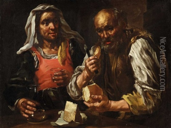 A Pair Of Farmers Eating - The Sense Of Taste Oil Painting - Bernhard Keil