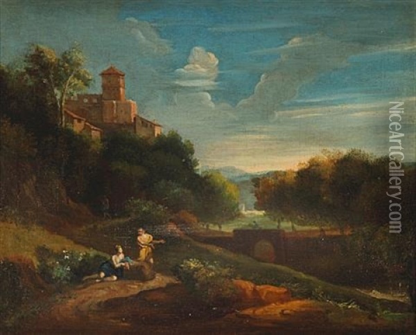 An Italianate Landscape With Figures Resting Beside A Country Path, A Hilltop Village Beyond Oil Painting - Jan Frans van Bloemen