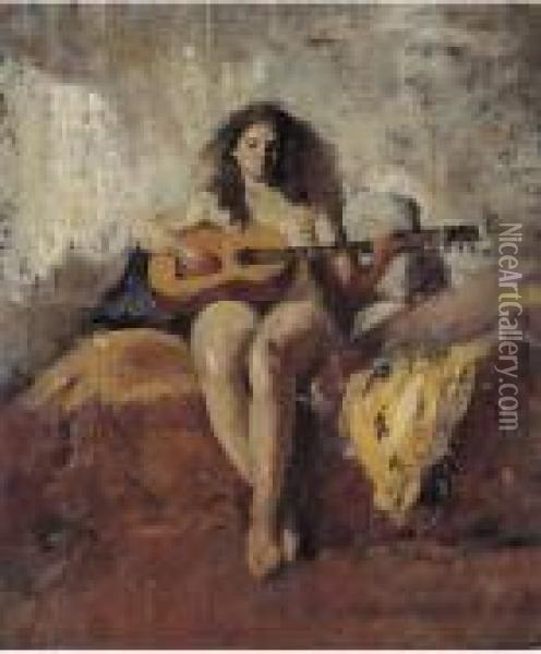 Nudo Femminile Con Chitarra Oil Painting - Raffaele Ragione