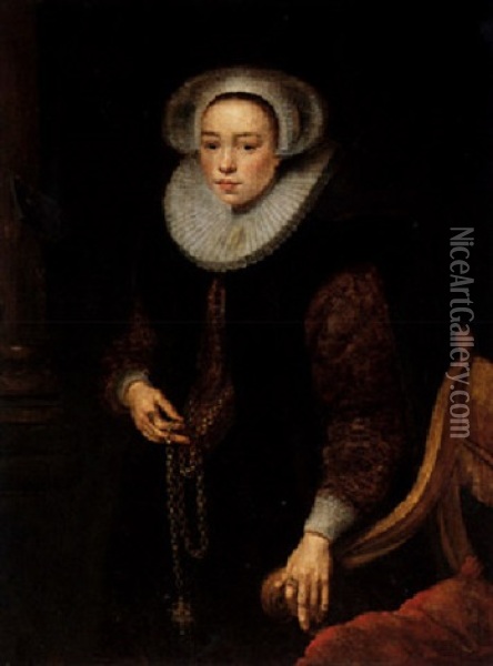Portrait Of A Standing Girl, Holding A Perfume-bottle On A Chain, And Wearing A Ruff Oil Painting - Gortzius Geldorp