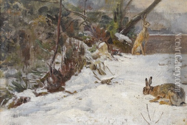 Winterliche Gartenpartie Mit Hasen Oil Painting - Edouard Paul Merite