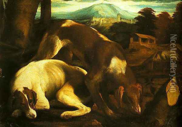 Two Dogs Oil Painting - Jacopo Bassano (Jacopo da Ponte)