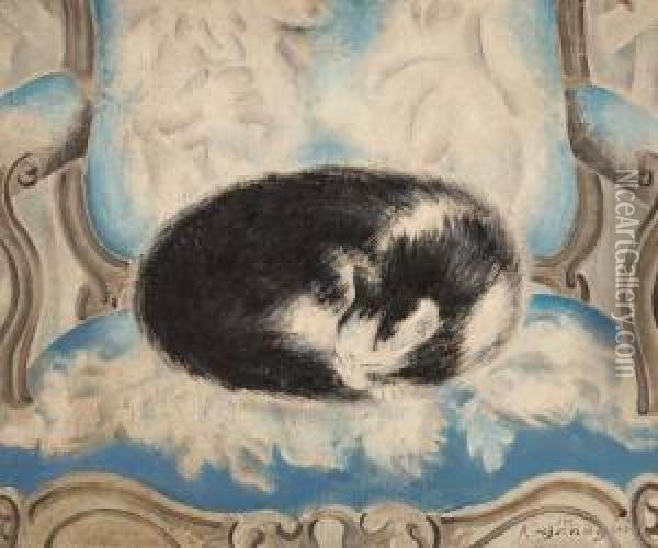 Cat Sleeping On An Armchair Oil Painting - Sei Koyanagui