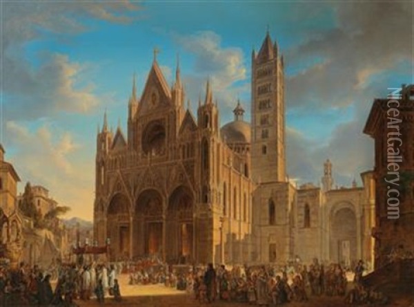 A Procession In Front Of The Cathedral Of Siena Oil Painting - Woldemar Hermann