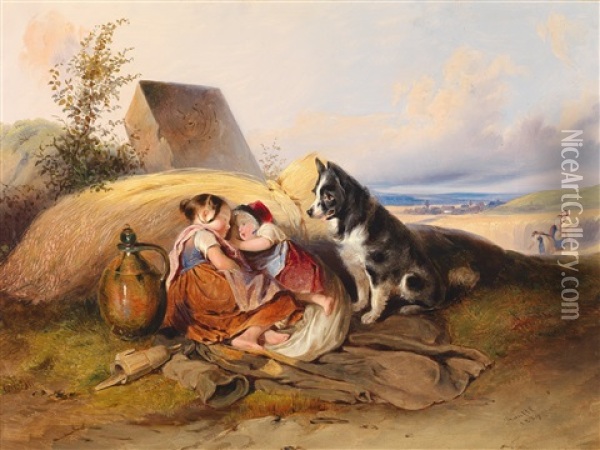 Die Von Einem Hund Bewachte Mittagsrast Zweier Kinder Auf Dem Feld Oil Painting - Johann Matthias Ranftl