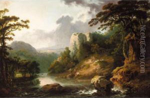 A River Landscape With Fishermen In The Foreground Oil Painting - George Cuitt