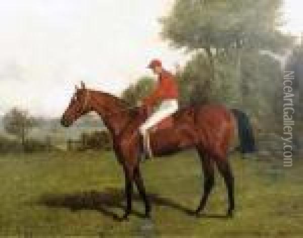 A Dark Bay Racehorse With Jockey Up In A Landscape Oil Painting - Henry Stull