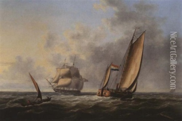 A Frigate Under Reduced Sail Off Shore With A Dutch Barge Running Past Her Stern Oil Painting - Thomas Lyde Hornbrook