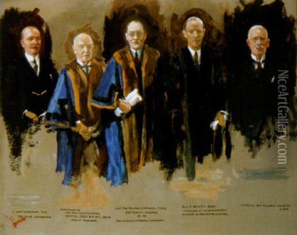 Study Of Five Figures From His Royal Highness The Prince Of Wales Receiving From The Lord Mayor Letters Patent Granting Livery... Oil Painting - John Lavery