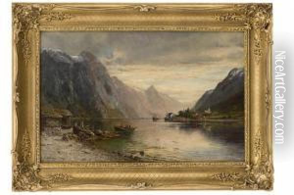 Fjord On The Westcoast With People 1891 Oil Painting - Anders Monsen Askevold
