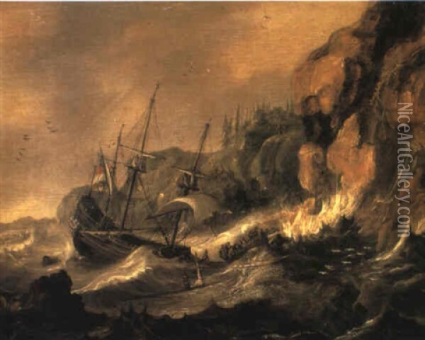 Shipwrecked Galleon Off Rocky Coast Oil Painting - Allaert van Everdingen