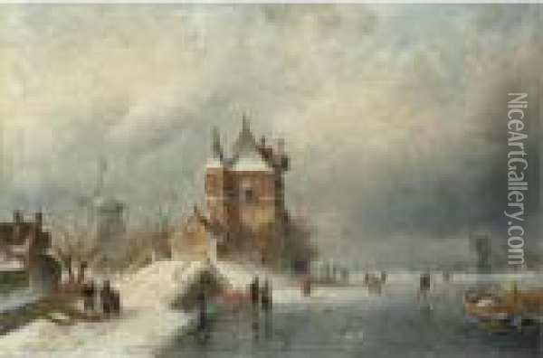 Skaters In Holland Oil Painting - Charles Henri Leickert