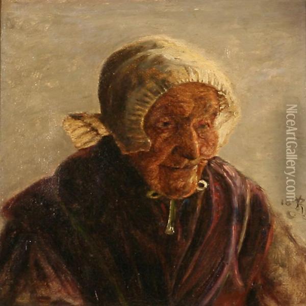 Hovede En Face Af En Gammel Kone Fra Ribe Med Pipekappe Ogviolet Torklaede Oil Painting - Kristian Zahrtmann