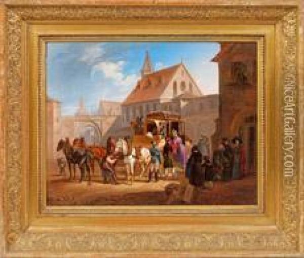 Postkutschenhalt Ineiner Alten Bayerischen Stadt Zurbiedermeier-zeit Oil Painting - Heinrich Von Mayr