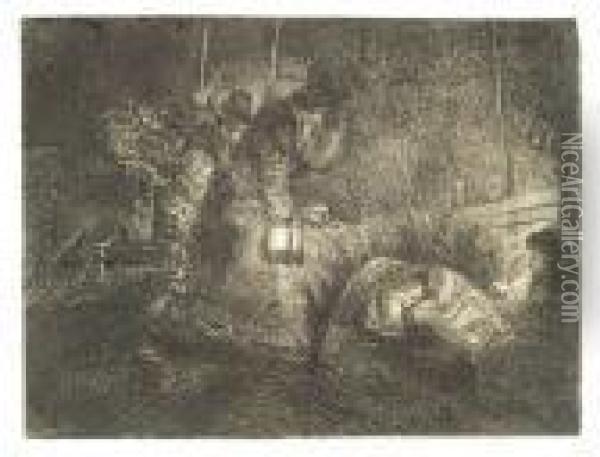 The Adoration Of The Shepherds: A Night Piece. Etching, Ca. 1652. State Viii Oil Painting - Rembrandt Van Rijn