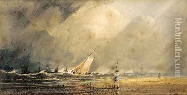 A figure standing on a beach with shipping beyond Oil Painting - Anthony Vandyke Copley Fielding
