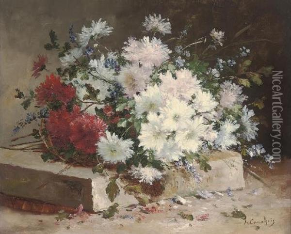 Asters And Sweet Peas On A Stone Plinth Oil Painting - Eugene Henri Cauchois