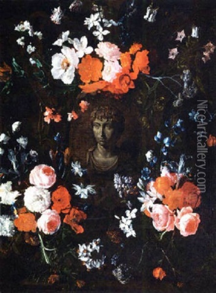 A Flower Garland Around A Cartouche With A Painted Bust Of Emperor Oil Painting - Hieronymus Galle the Elder