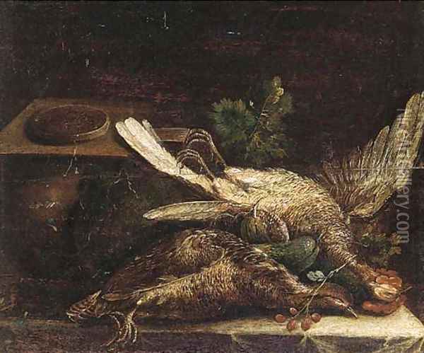 Two dead game birds with a pie, courgettes and other vegetables on a draped table Oil Painting - Michiel Simons