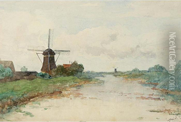 A View Of Windmill 'de Winkel' Near Abcoude Oil Painting - Paul Joseph Constantine Gabriel