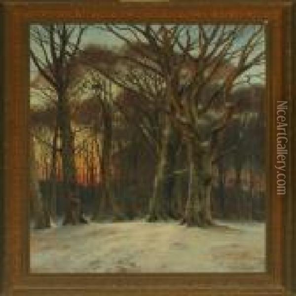 Wintry Forest With A Walking Person Oil Painting - Carl Milton Jensen