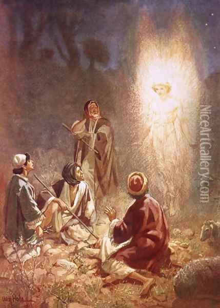 An angel announcing to the shepherds of Bethlehem the birth of Jesus Oil Painting - William Brassey Hole