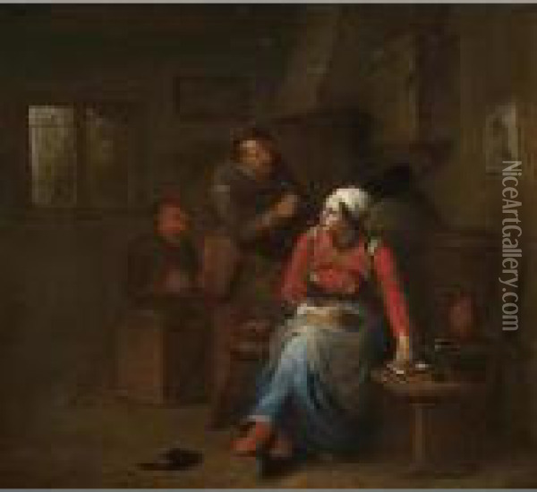 Two Peasants And A Woman In An Inn Oil Painting - Maarten Van Heemskerck
