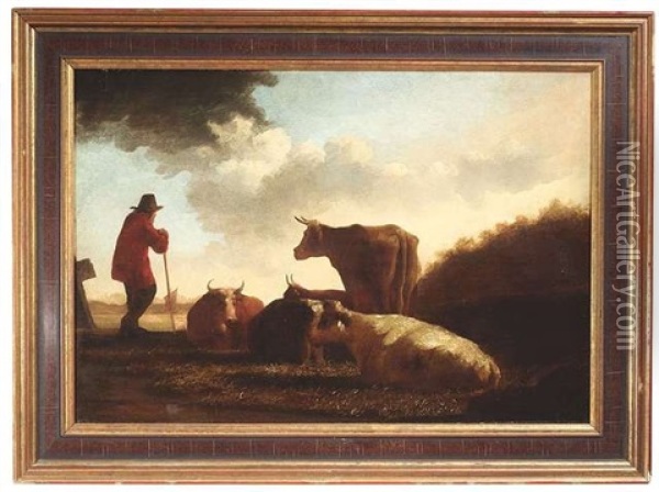 Weite Hollandische Flusslandschaft Mit Ruhenden Kuhen Und Einem Hirten. Sommerliche Abendstimmung Oil Painting - Aelbert Cuyp