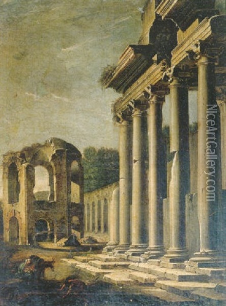 El Descanso De La Huida De Egipto Con Ruinas Classicas Y El Templo De Minerva Medica Oil Painting - Viviano Codazzi