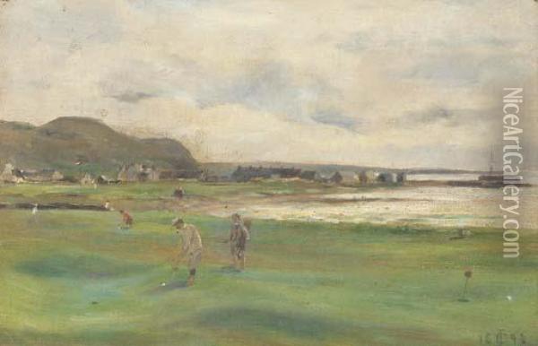 Golfers On The Links Oil Painting - John Cuthbertson