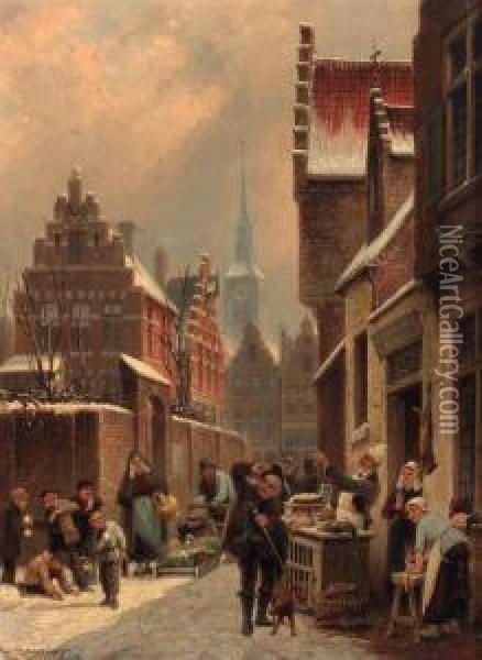 Un Coin Du Marche A Turnhout Oil Painting - Cornelis Christiaan Dommersen