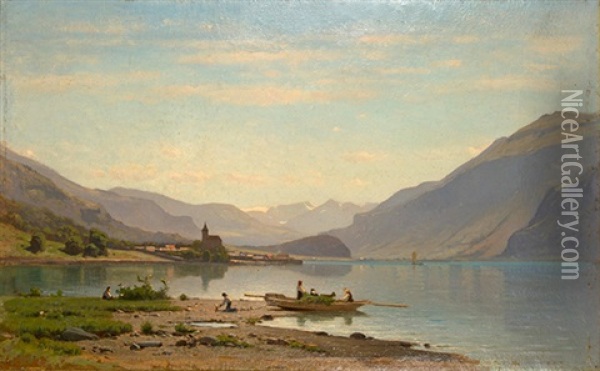 Blick Von Ebligen Auf Die Kirche Von Brienz Und Brienzersee (lac De Brienz) Oil Painting - Auguste Louis Veillon