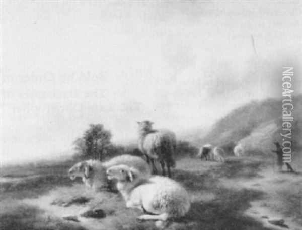 Sheep In A Landscape, A Drover Beyond Oil Painting - Balthasar Paul Ommeganck