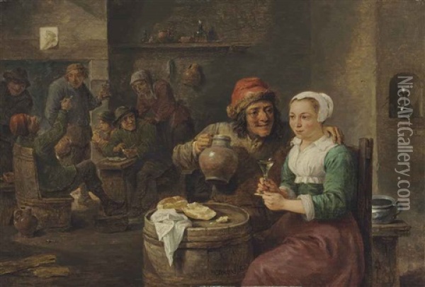 A Boor And A Young Woman Drinking In A Tavern Oil Painting - David Teniers Iv