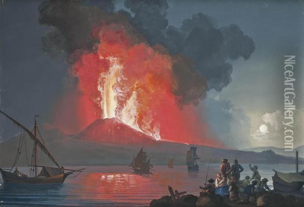 Figures Watching Vesuvius Erupt By Night Oil Painting - Camillo da Vito