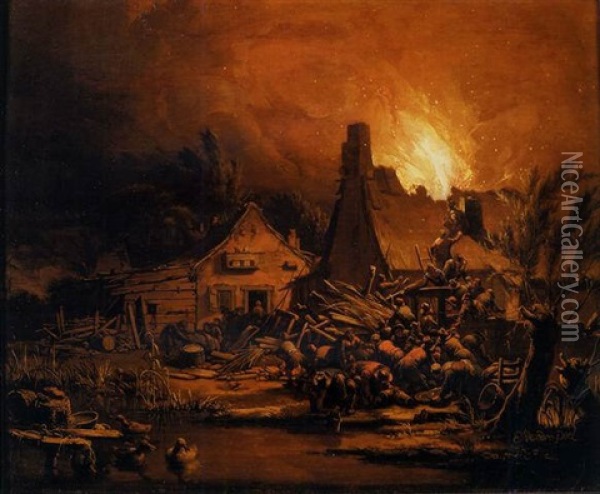 Villagers Putting Out A Cottage Fire At Night Oil Painting - Egbert Lievensz van der Poel