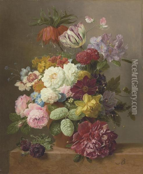 Roses, Peonies, Tulips, Narcissi, Convulvulus And Other Flowers Ina Vase On A Marble Ledge. Oil Painting - Arnoldus Bloemers