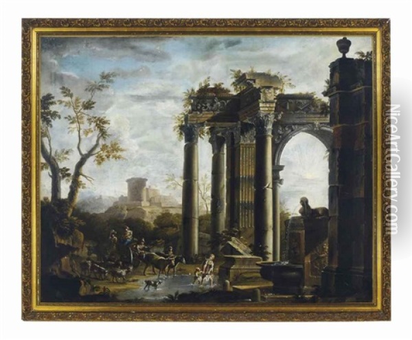 Travellers In A Landscape By Classical Ruins Oil Painting - Viviano Codazzi