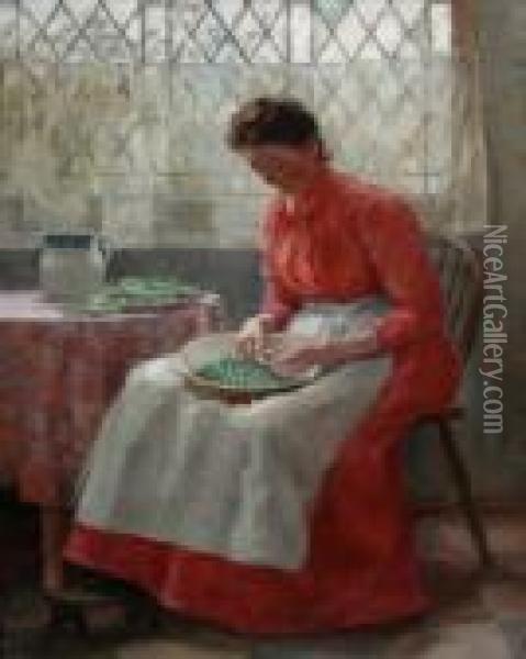 Shelling Peas, Woman Seated Before A Window. Oil Painting - Thomas Cooper Gotch