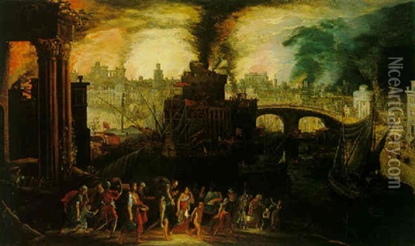 Aeneas And His Family Fleeing The Burning City Of Troy Oil Painting - Kerstiaen de Keuninck