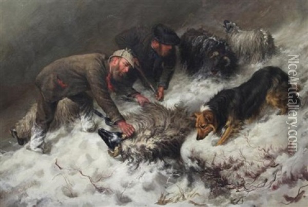 Shepherds And Dog Rescuing Sheep From The Snow Oil Painting - Maud Earl