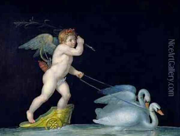 Cupid being led by a pair of swans Oil Painting - Michelangelo Maestri
