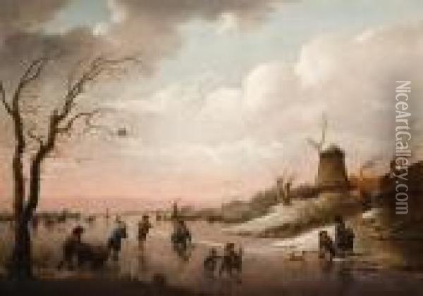 Paysage D'hiver Aux Patineurs Oil Painting - Hendrick Willelm Schweickhardt