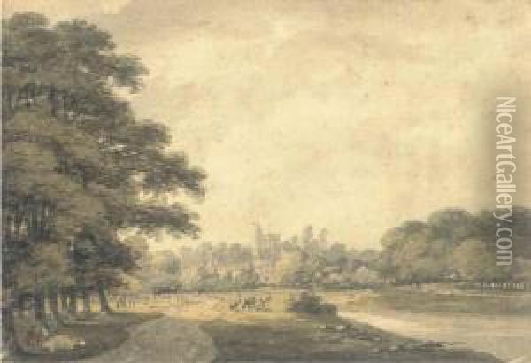 Thames Landscape With A Church Tower In The Distance Oil Painting - Thomas Hearne