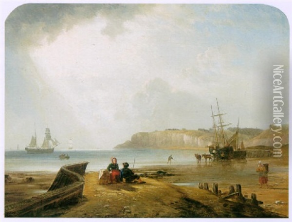 A Coastal Scene Near Dover, With Two Figures On The Beach Oil Painting - William Dyce