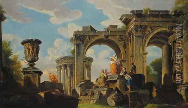 A capriccio of classical ruins, a temple, and an urn, with a sybil and other figures Oil Painting - Giovanni Paolo Panini