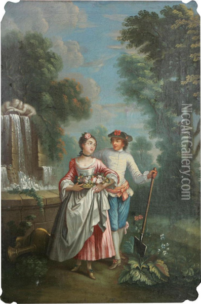 Kurtiserande Par Vid Fontan Oil Painting - Jean-Baptiste Huet I