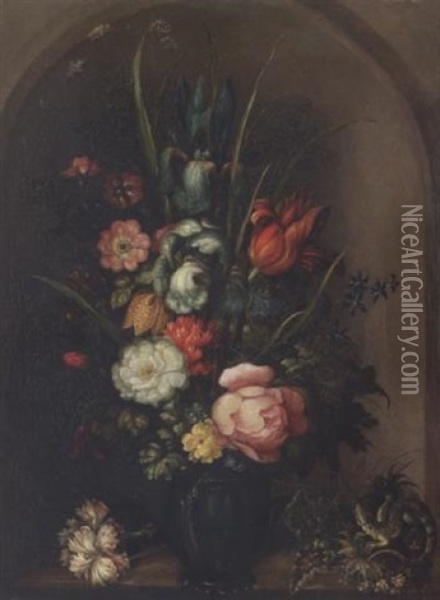 Irises, Roses, A Tulip, A Fritillary, Forget-me-nots, Yarrow And Other Flowers In A Glass Vase In A Stone Niche With A Carnation And A Lizard On The Ledge Oil Painting - Roelandt Savery