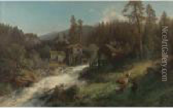 Wooded Landscape With Mills Oil Painting - Herman Herzog